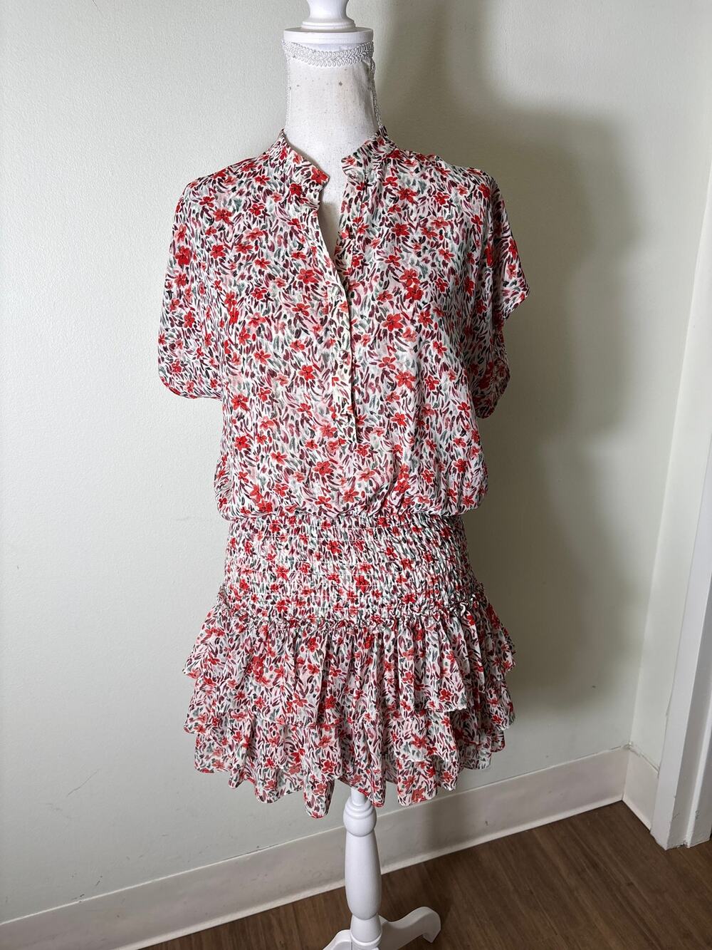 Misa Orange and Green Smocked Waist Ruffle Tiered Mini Dress Sz S